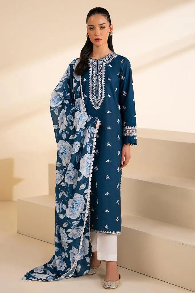 Blue Lawn 3-Piece Embroidered Suit with Floral Dupatta
