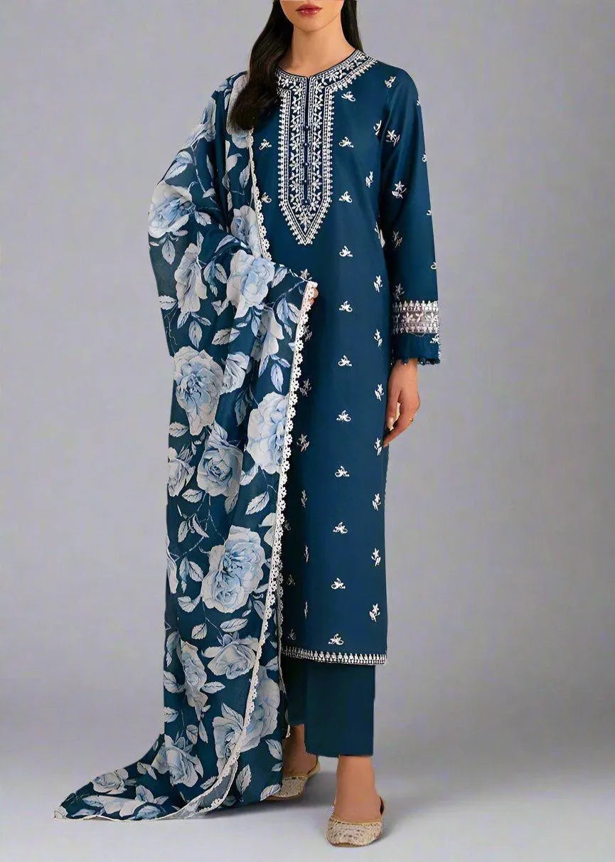 Blue Lawn 3-Piece Embroidered Suit with Floral Dupatta