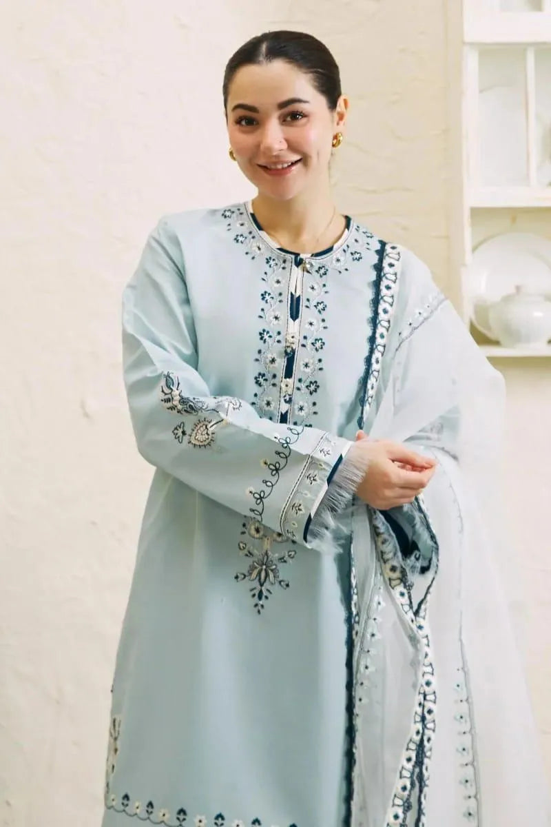 Light Blue Embroidered Kurta Pajama Set for Women